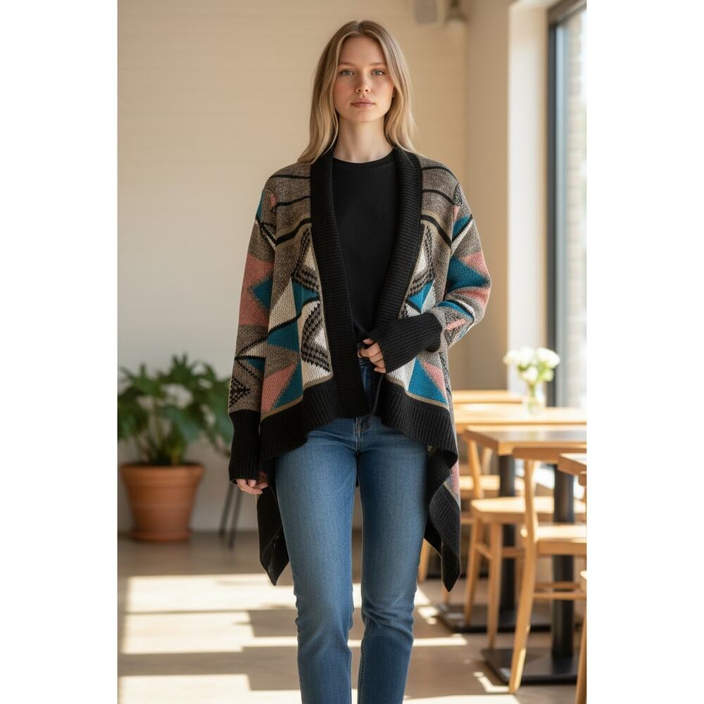 2/$30 JACK Sweater Size M Cardigan Black Print Comfortable Knit